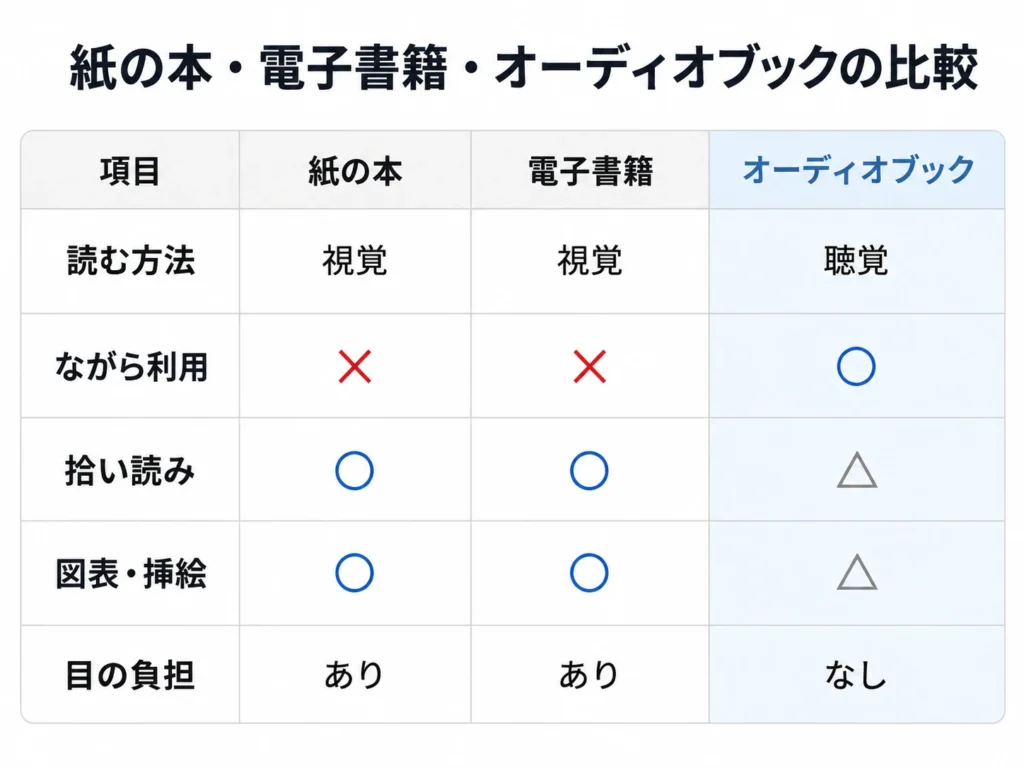 紙の本・電子書籍・オーディオブックを比較した図